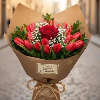 Tulipani rossi e rosa rossa