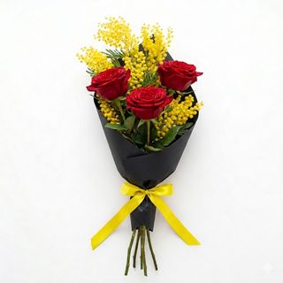 3 Rose Rosse con Mimosa