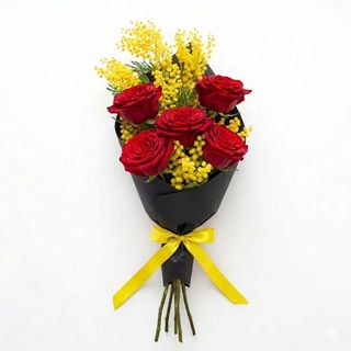 5 Rose Rosse con Mimosa
