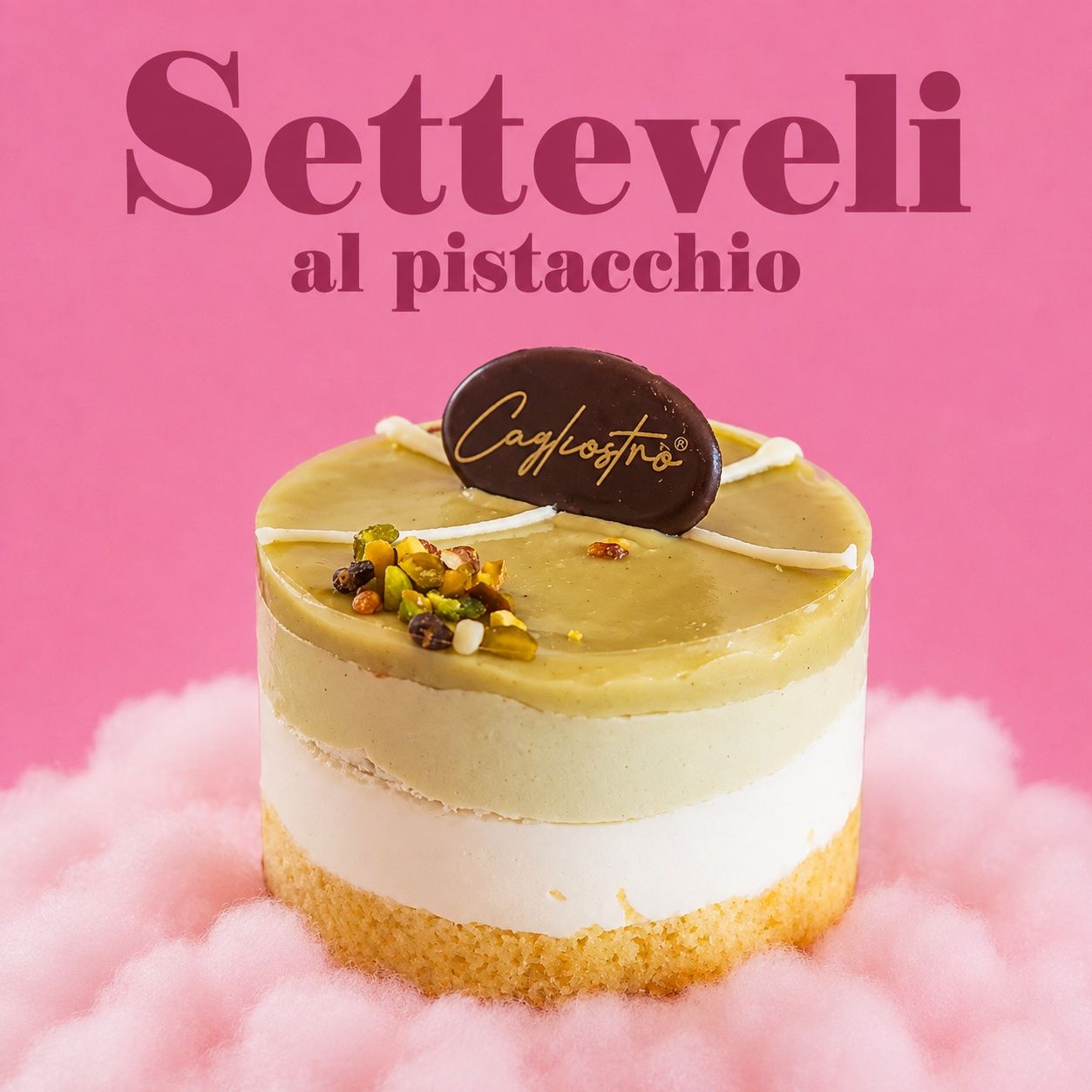 Setteveli al pistacchio con la placca di cioccolato Cagliostro