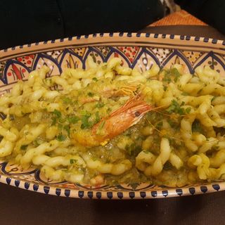 Busiata con Macco di fave e Gambero Rosso