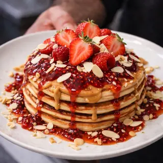 Pancake con Burro di arachidi, marmellata ai lamponi, fragole e scaglie di mandorla