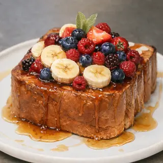 French toast con Frutti rossi, banane e sciroppo d'acero