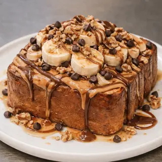 French toast con Burro di arachidi, banane, noci, gocce di fondente e gianduia