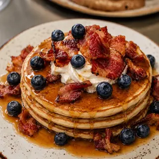 Pancake con Bacon croccante, philadelphia, mirtilli e sciroppo d'acero