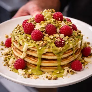 Pancake con Cioccolato bianco, lamponi, granella e crema di pistacchio