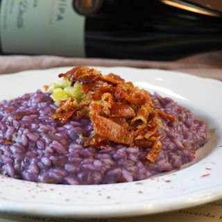 Risotto con Cavolo Viola, Porri e Speck