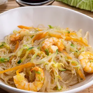 Spaghetti di Soia con Carne e Gamberetti