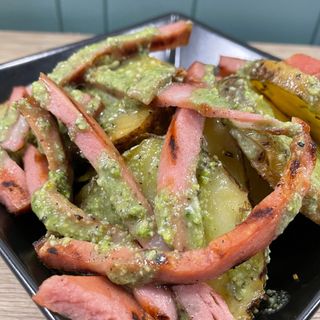 Patate al forno ,mortadella e crema di pistacchio