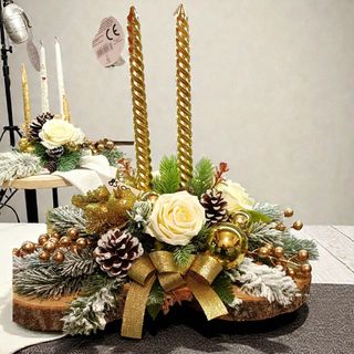 centrotavola natalizio rettangolare oro due candele tronco
