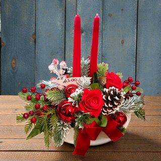 centrotavola base tonda 2 candele rosse artificiale