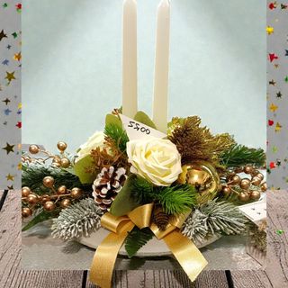 centrotavola tondo toni oro artificiale 2 candele bianche