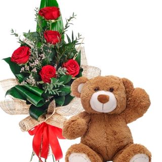5 rose rosse con peluche