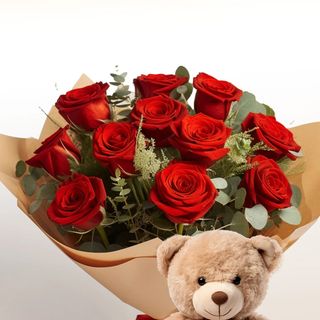 12 rose rosse ben confezionate con peluche