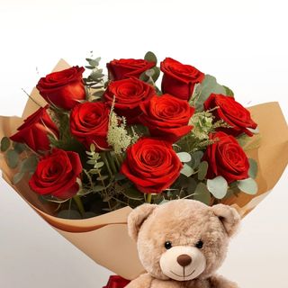 9 rose rosse con peluche