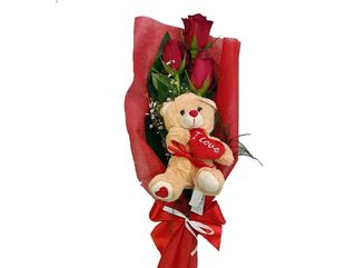 3 rose rosse con peluche