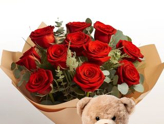 12 rose rosse con peluche in omaggio