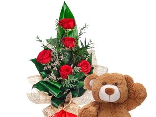 5 rose rosse con peluche