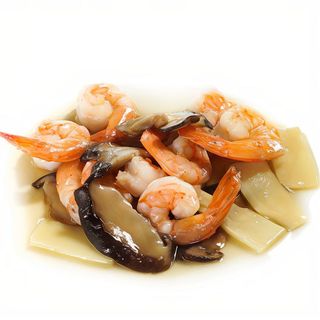 64.Gamberi con funghi e bambù