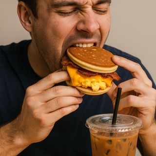 combo: 2 pancakes proteici con uova strapazzate, bacon croccante + bevanda