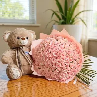 100 Rose Rosa & Teddy Bear