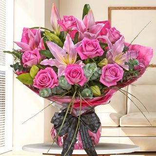 Bouquet di Gigli rosa e Rose rosa