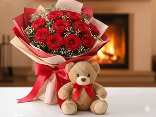 11 Red Naomi Roses  With Teddy Bear