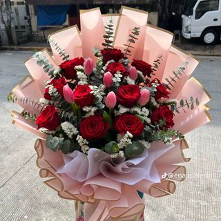 Red Rose With Pink Tulips