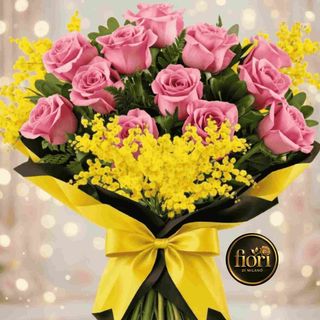 Pink rose with mimosa