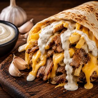 Cheesy Garlic Kebab Wrap With fries meat and cheesy garlic