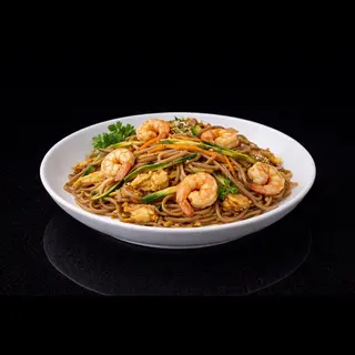 224 Soba con uova, gamberi e verdure miste