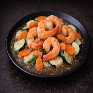 604. Gamberi con verdure miste