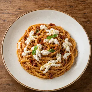 Spaghettoni con Pesto di Pomodori Secchi e Stracciatella