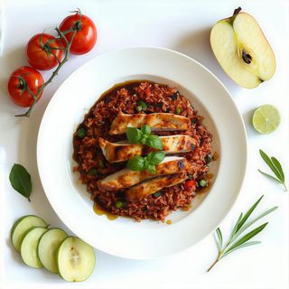 Riso Rosso con Pollo , Soia, Miele, Lime+Peper