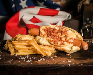 Onion bacon cheese dog