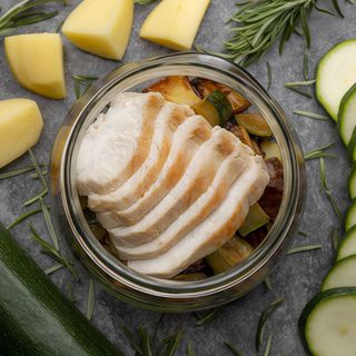 Tagliata di Pollo, Patate in Doppia Cottura e Zucchine Saltate