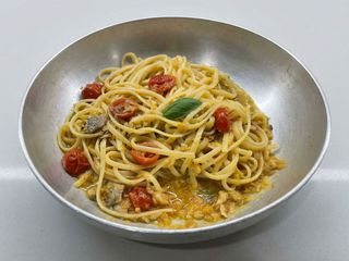 Chitarra al Ragù Bianco di Baccalà con Porro, Peperone Verde