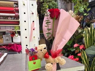 Peluche con rosa rossa e cartolina