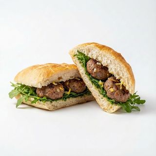 Panino con polpette di scottona in foglia di limone e insalata