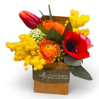 Petit boite de fleurs avec mimosa