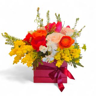 Mix di fiori e mimosa in box