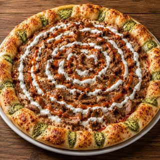 Pizza kebab con bordo riempito salsa pesto basilico