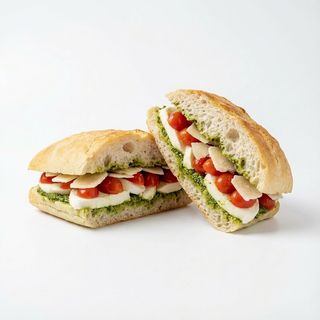 33. Datterini, mozzarella di bufala, scaglie di grana, pesto basilico