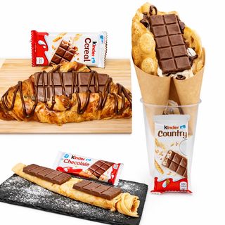 Cornetto con crema kinder cereali e1 barretta + bubblewaffle con crema kinder cereali e1 barretta + crêpes roll con crema kinder cereali e1 barretta