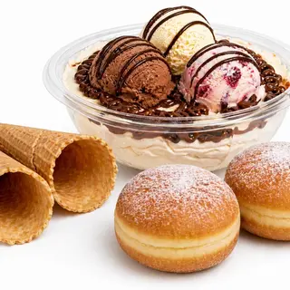 Bowl gelato da 750g con 2 gusti gelato 2 gusti di creme + Panna +1 granella, in omaggio 2 coni e 2 krapfen