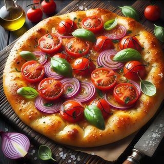Focaccia con pomodorini, cipolla e basilico