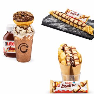 Bubble Waffle Kinder bueno white e Crepes Roll  Kinder bueno White e milkshake Nutella con Donuts Nutella