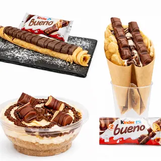 CheeseCake con crema kinder Bueno e1 barretta + bubblewaffle con crema kinder Bueno  e2 barretta + crêpes roll con crema Bueno e2 barretta kinder Bueno