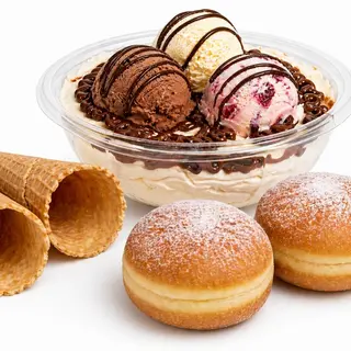Bowl gelato da 750g con 2 gusti gelato 2 gusti di creme + Panna +1 granella, in omaggio 2 coni e 2 krapfen