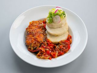 Yam, Fish, Onions and Palm oil sauce